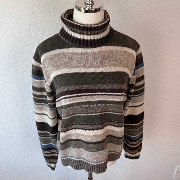Vintage 90s Y2K Grunge Striped Turtleneck Sweater size Large Green Brown - Picture 6 of 9